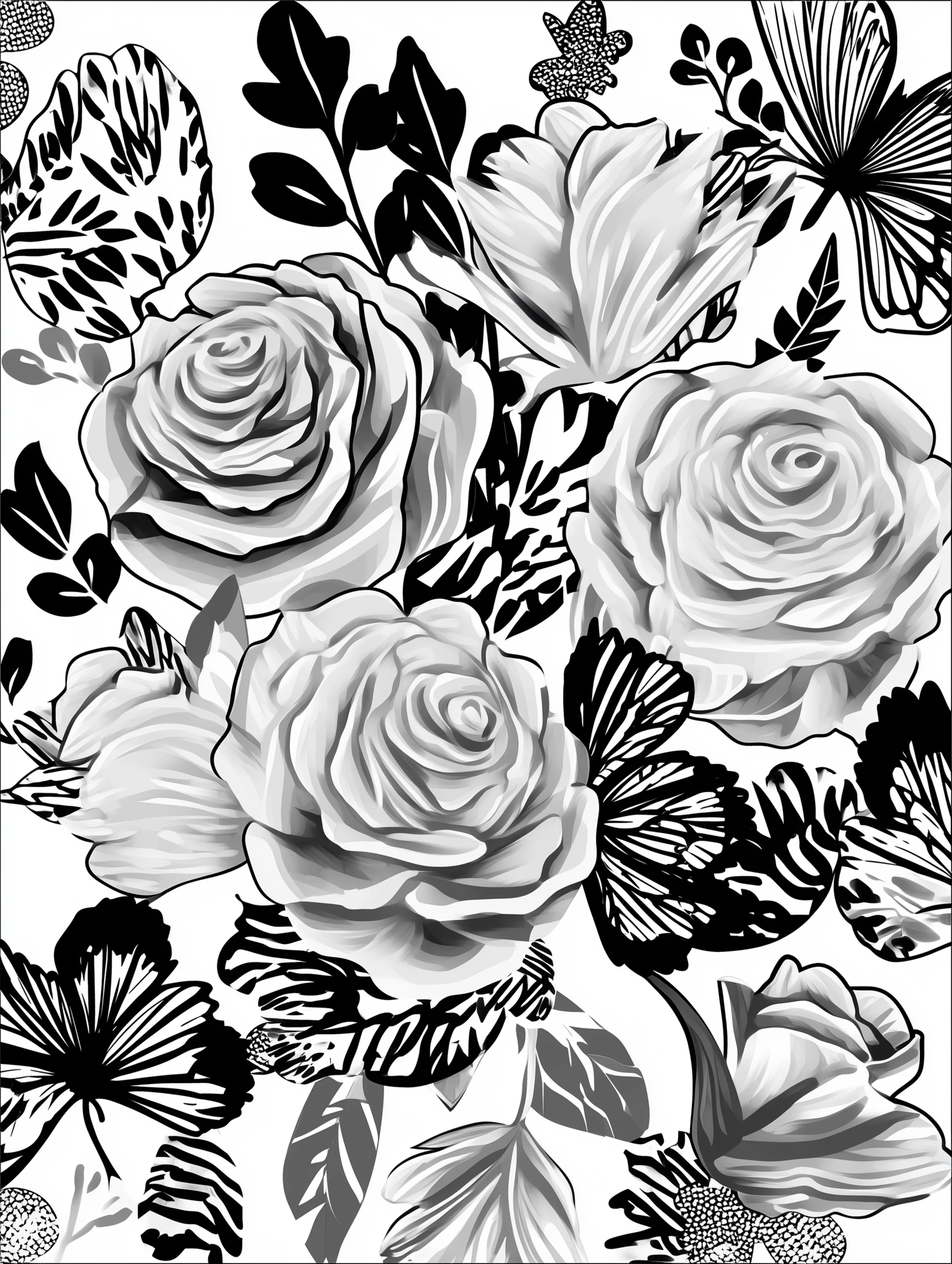 Free printable rose coloring page for adults featuring roses with a butterfly corner